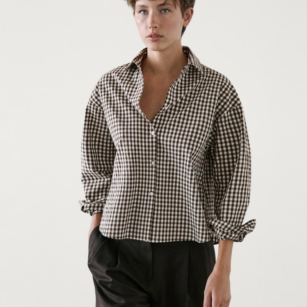 Massimo Dutti Brown White Checkered Shirt COTTON BLEND GINGHAM button down xs